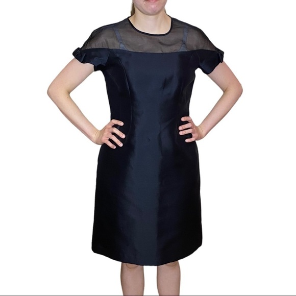 Teri Jon by Rickie Freeman Illusion Yoke Satin Cocktail Dress Size 10 Black - Picture 2 of 13